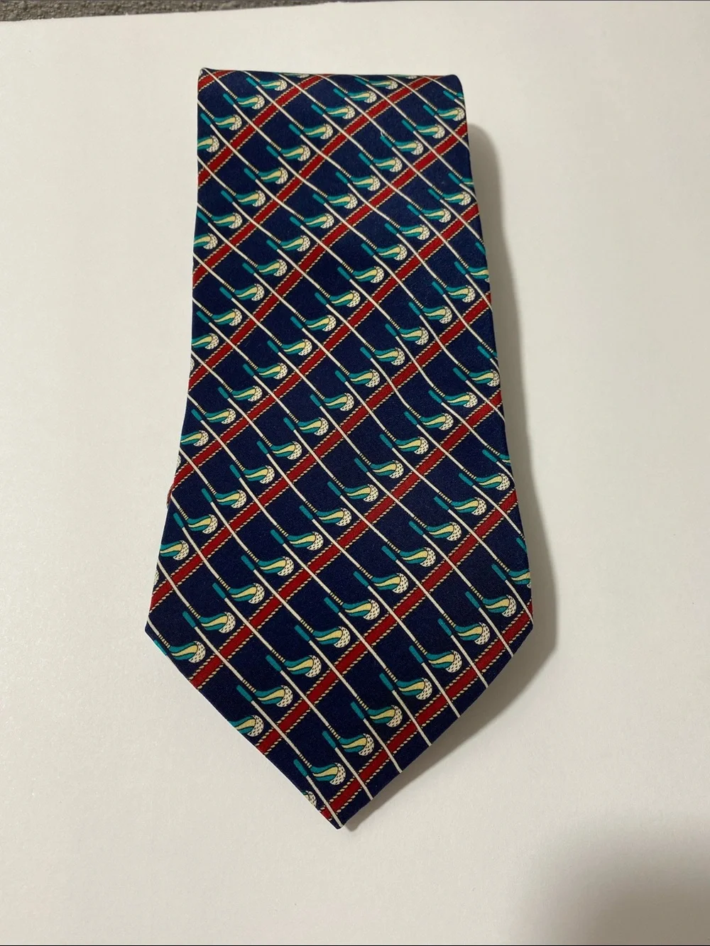 Vintage Bally of Switzerland 100% Silk Tie Navy Blue Red Green Geometric Pattern